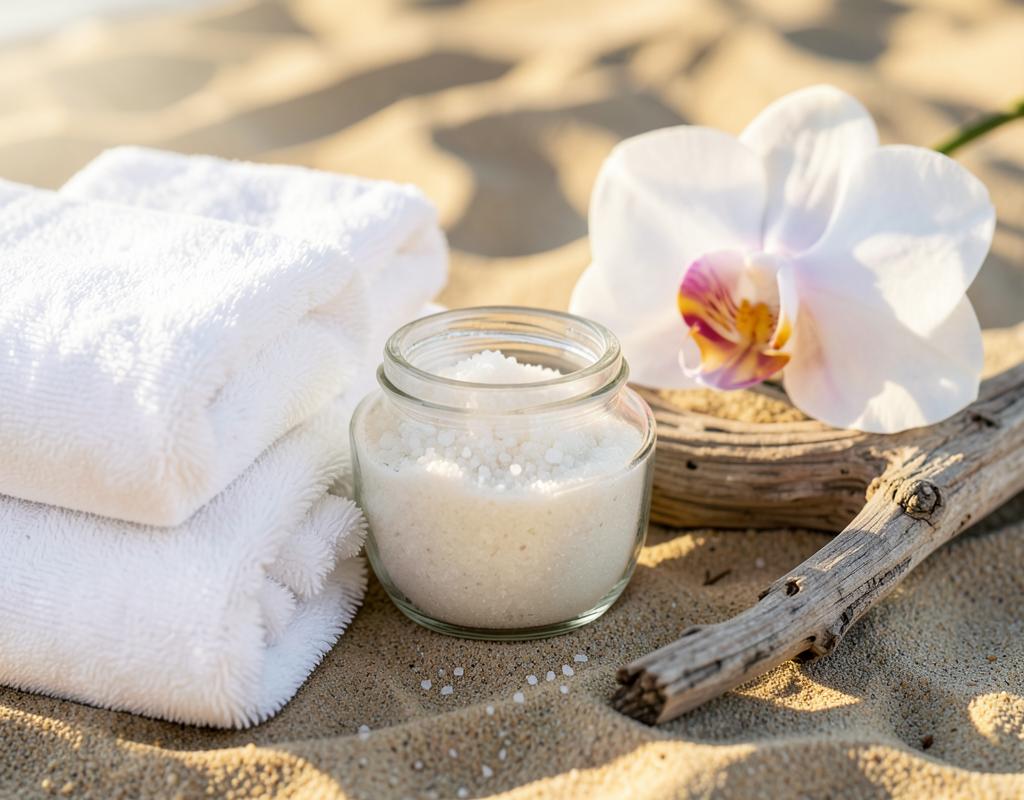 Spa still life with sea salt scrub, white towels, and an orchid on warm sand