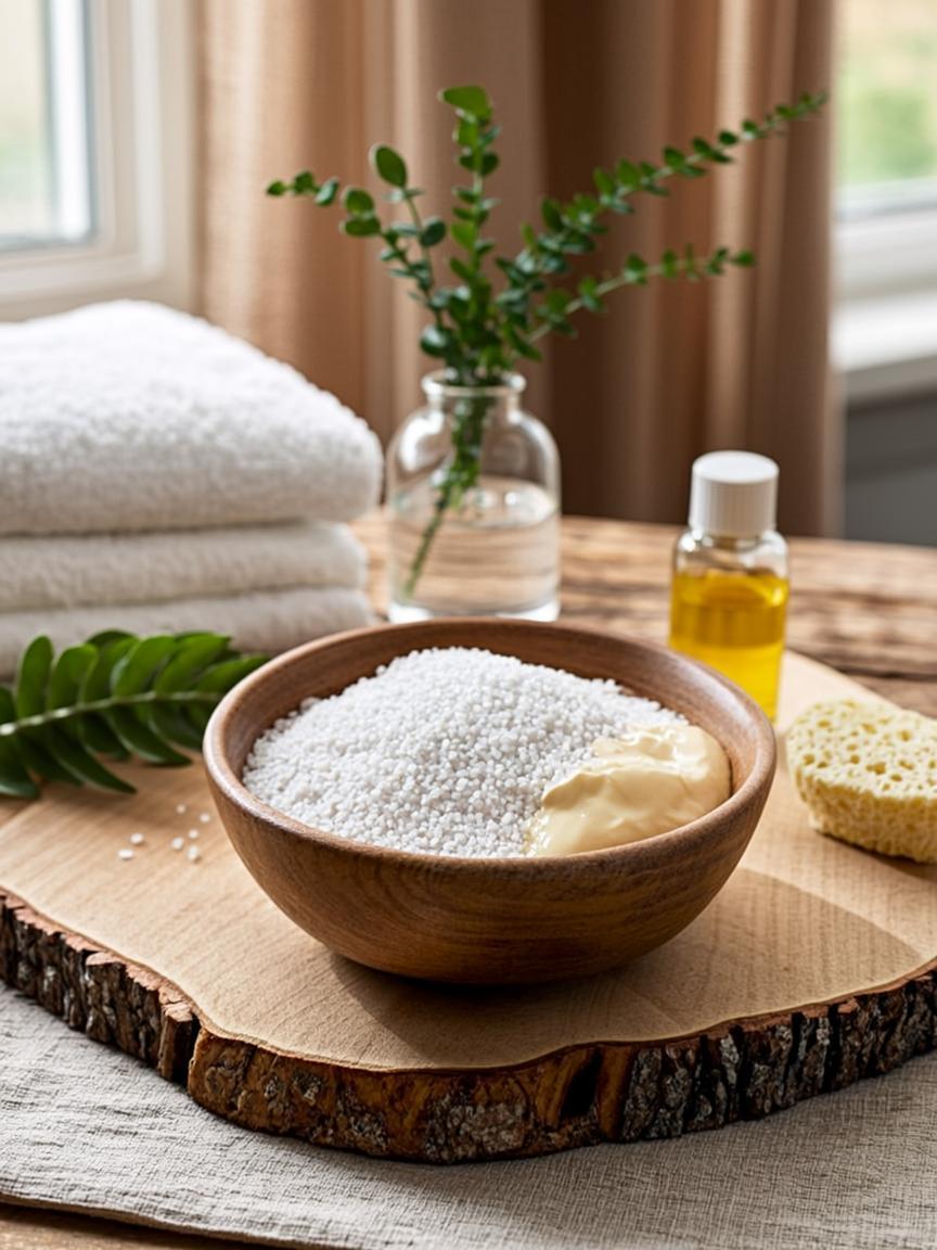 Sea salt body polish ritual with coconut butter, towels, and eucalyptus on driftwood