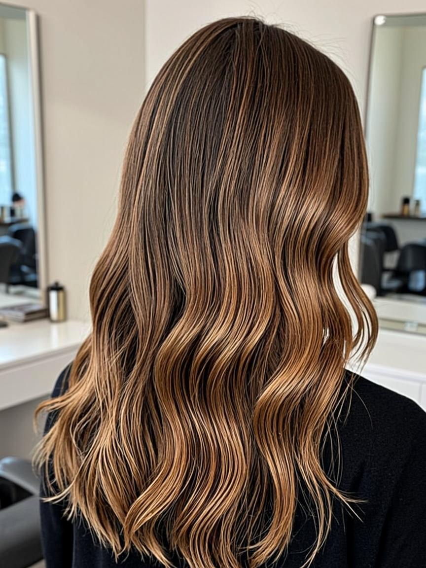 Long beach-wave balayage with sun-kissed blonde highlights painted by our master colorist in Naples