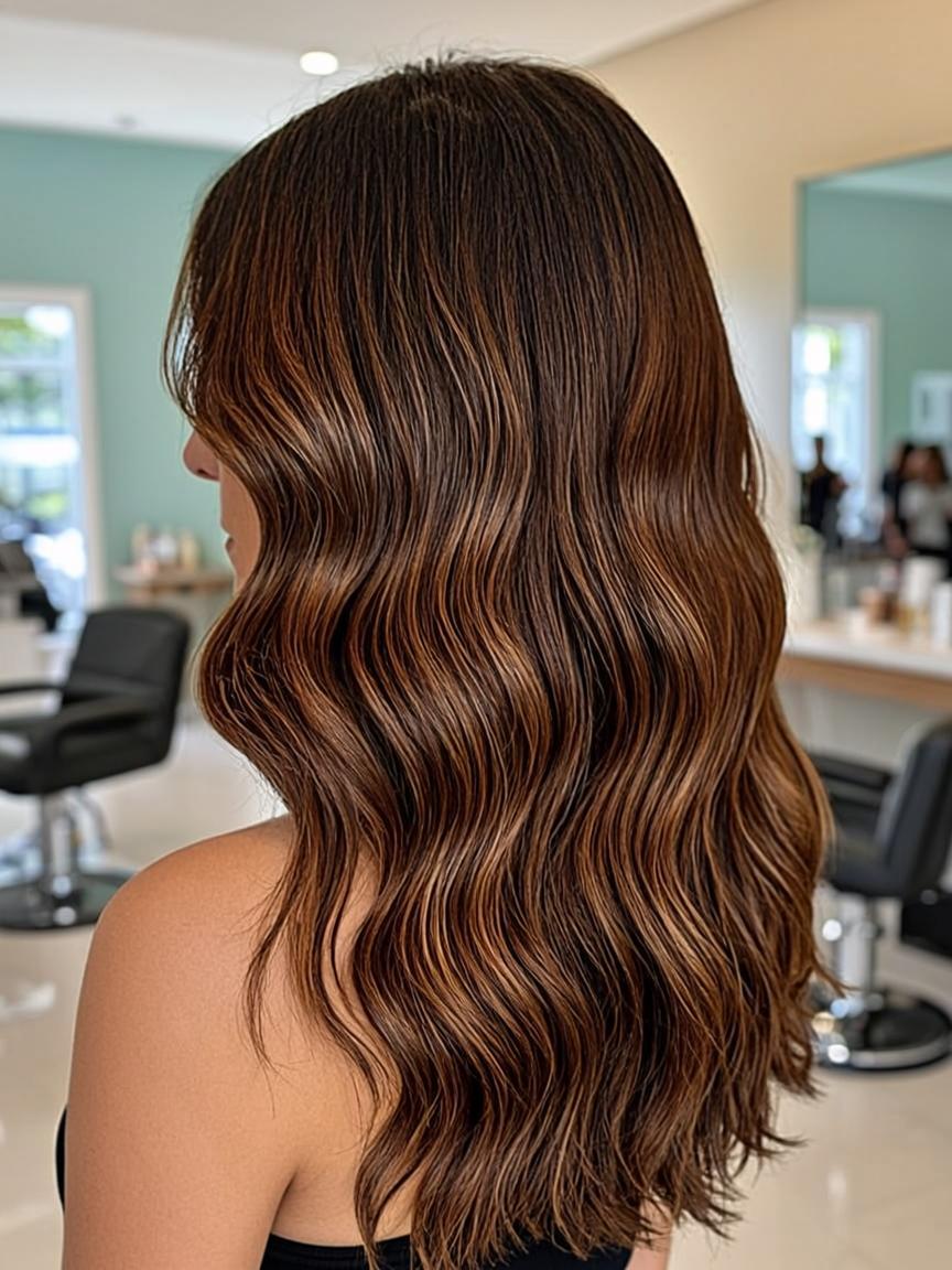 Glossy lived-in brunette color with soft caramel ribbons of dimension