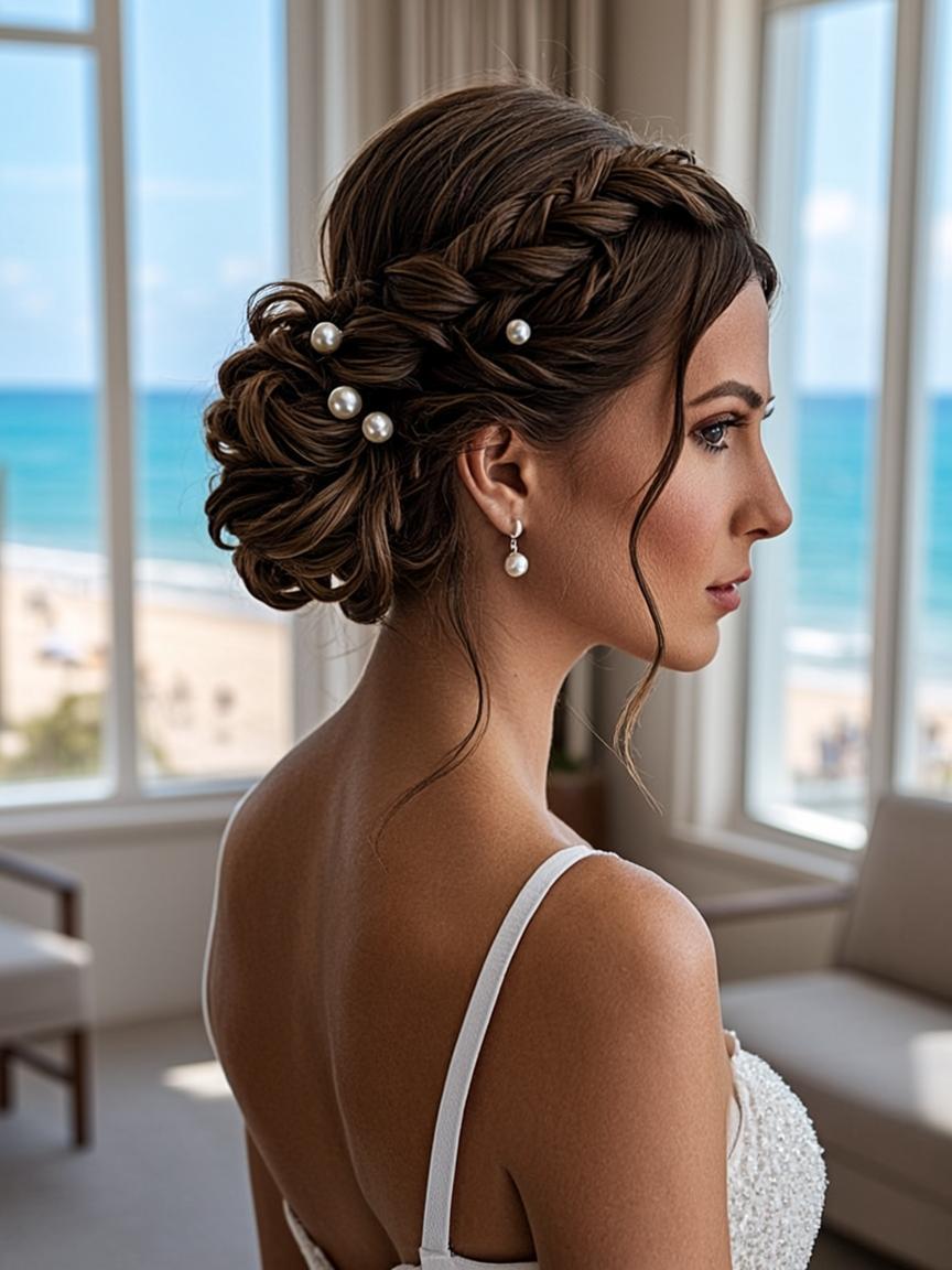 Romantic bridal updo with soft tendrils and pearl pins for a beachside wedding