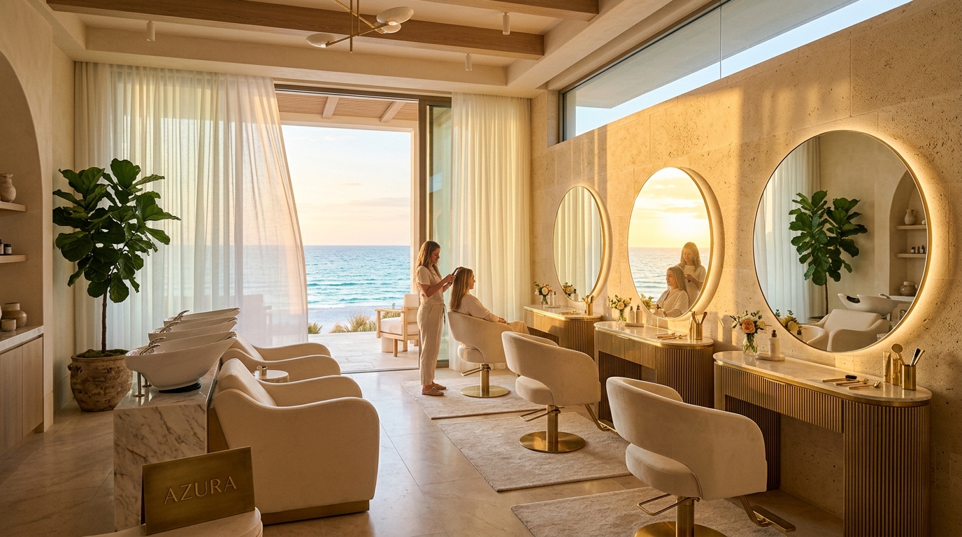 Golden hour coastal hair styling lounge overlooking turquoise waters at Sol & Sea Lounge