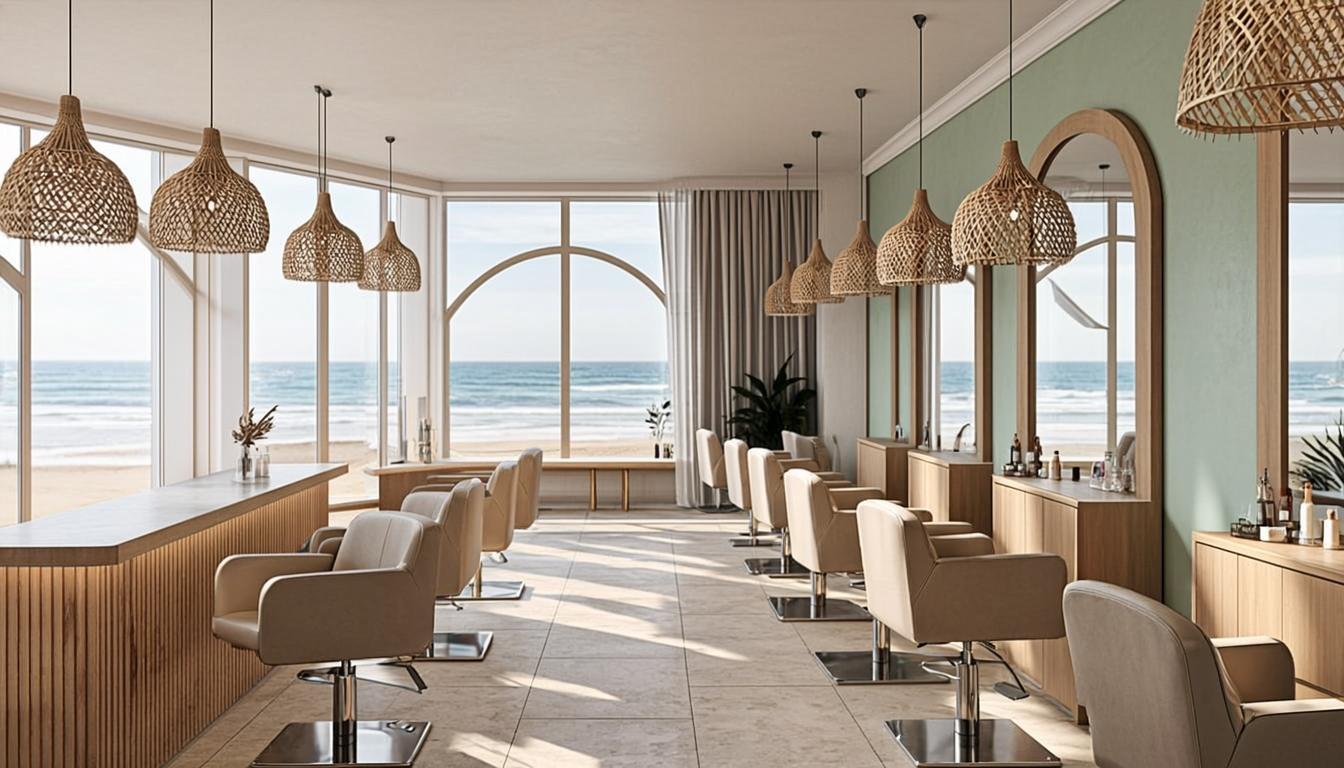 Arched mirrors, pale oak styling stations, and Gulf views inside Sol & Sea Beauty Lounge