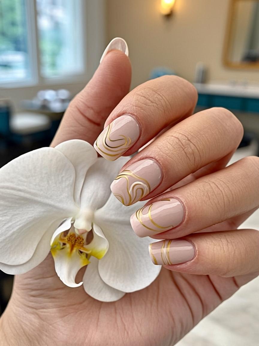 Sheer milky nails with delicate hand-painted golden wave accents holding a white orchid