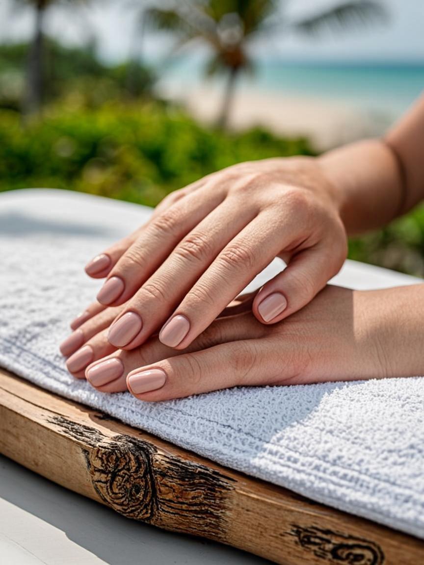 Flawless sand-beige gel nails with immaculate cuticle work