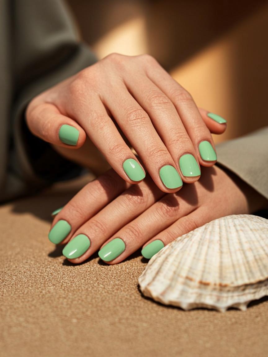 Seafoam green almond manicure resting on sand-toned linen beside a seashell