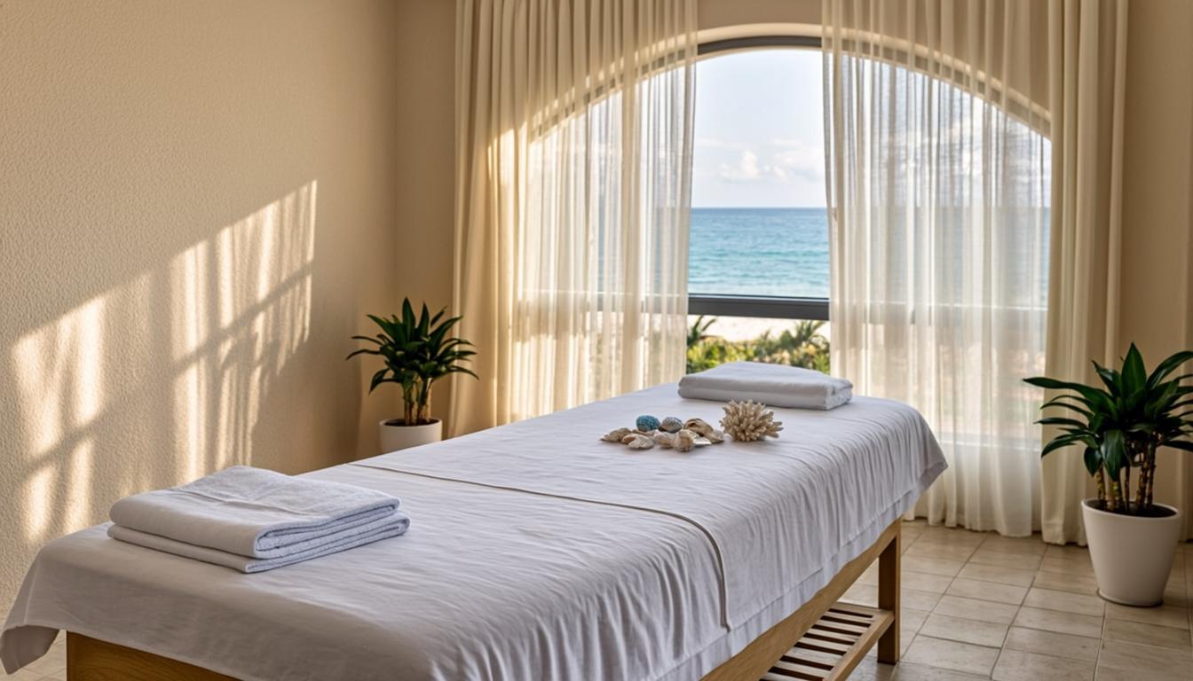 Facial treatment room with white linens, sea glass accents, and sheer Gulf-light curtains